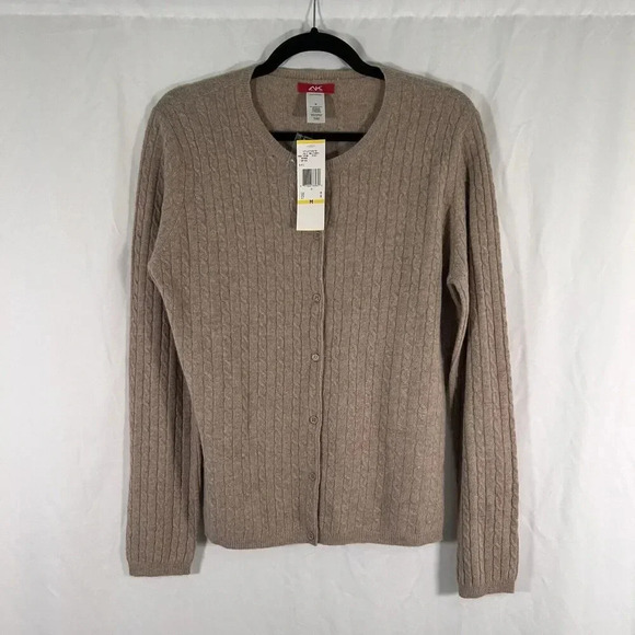 Anne Klein Cardigan Womens Medium Beige Wool Cashmere Small Cable Knit - Picture 1 of 10